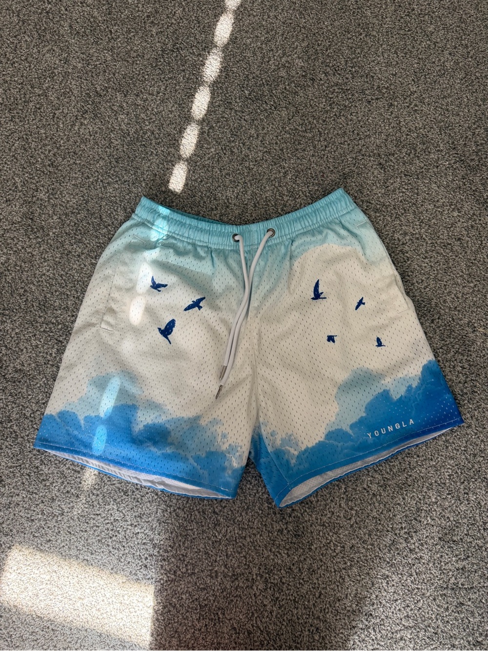 YoungLA White and Light Blue Athletic Mesh Shorts with Print